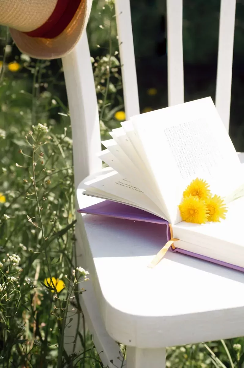 Open book with yellow flowers on a chair